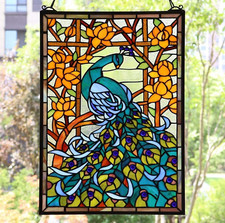 Tiffany Style Stained Glass Hanging Chain Window Panel Peacock 15" x 23"