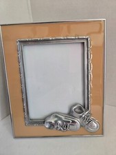 Baby Picture Frame Metal w Peach Enamel 3D Baby Shoes Vintage 3.5"X4.5" EUC