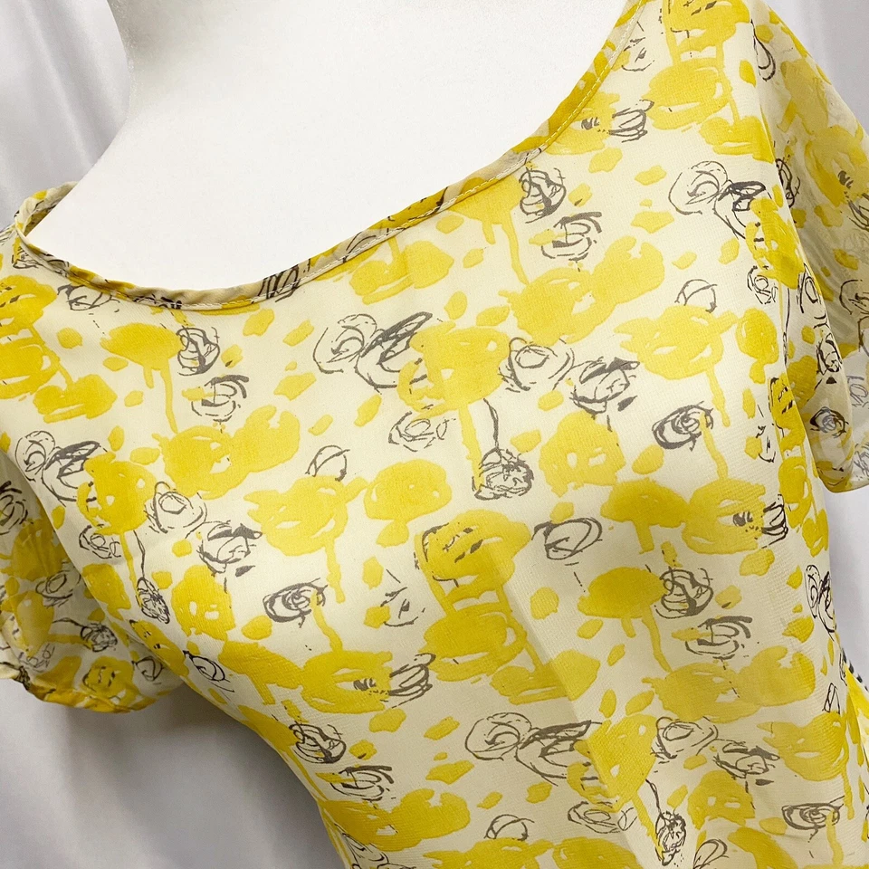 Sheer Yellow Rose Print & Striped Tie Front Blouse Size XS - Image 2 of 4