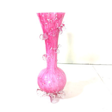 Antique Victorian Mottled Art Glass Pink Vase with Applied Ruffle Mica Flecks