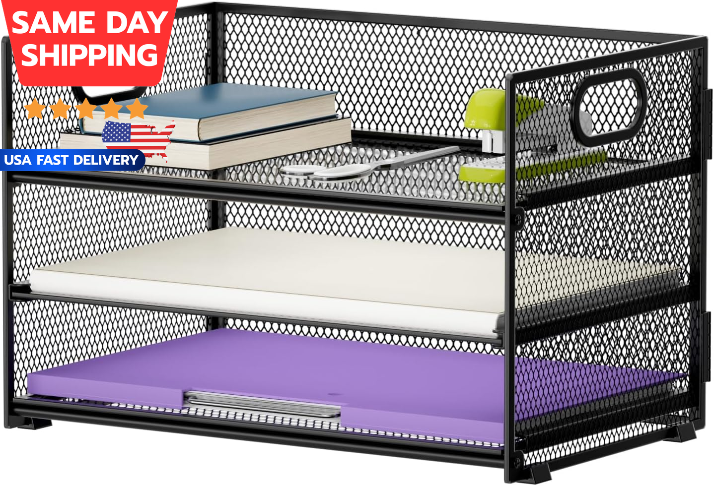 3 Tier Mesh File Organizer with Handle for Paper Sorting