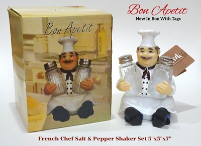 NIB DWK Bon Apetit Glass Salt & Pepper Shakers W/ French Chef Holder / Caddy Set