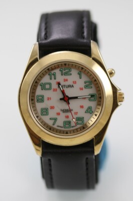 Futura Herren Uhr Gold Edelstahl Leder Schwarz WR Batt 24Std Weiß Quarz