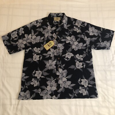Seven Palm Brand Button Up Hawaiian Black Shirt Size Large 100% Silk, Seda