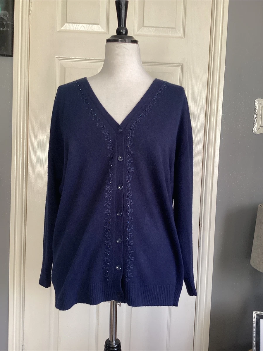 Bon Marche Navy Blue V Necked Button Cardigan Embroidered