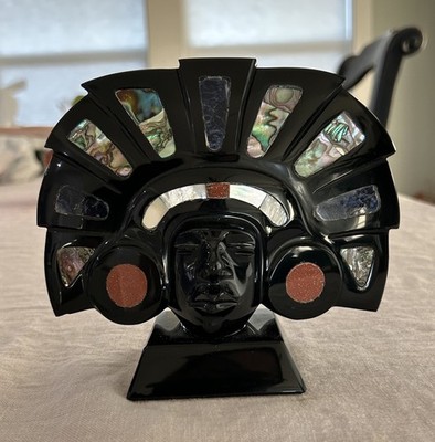 Obsidian Aztec Mayan Sun God Figurine Hand Carved Blue Lapis? Abalone