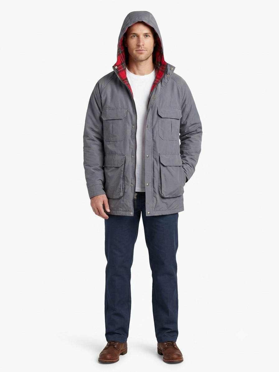 Vintage Woolrich Mountain Parka Jacket Mens L Grey Hooded Full Zip Plaid Lined