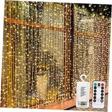  300 LED Curtain Lights Battery Operated, 9.8ft×9.8ft Hanging Light Warm White