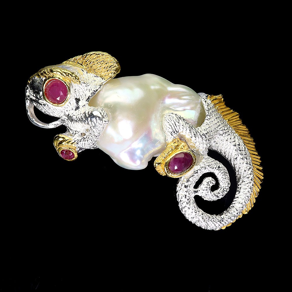 925 Sterling Silver Pendant Oval Ruby Pearl Natural Gemstone Chameleon Jewelry