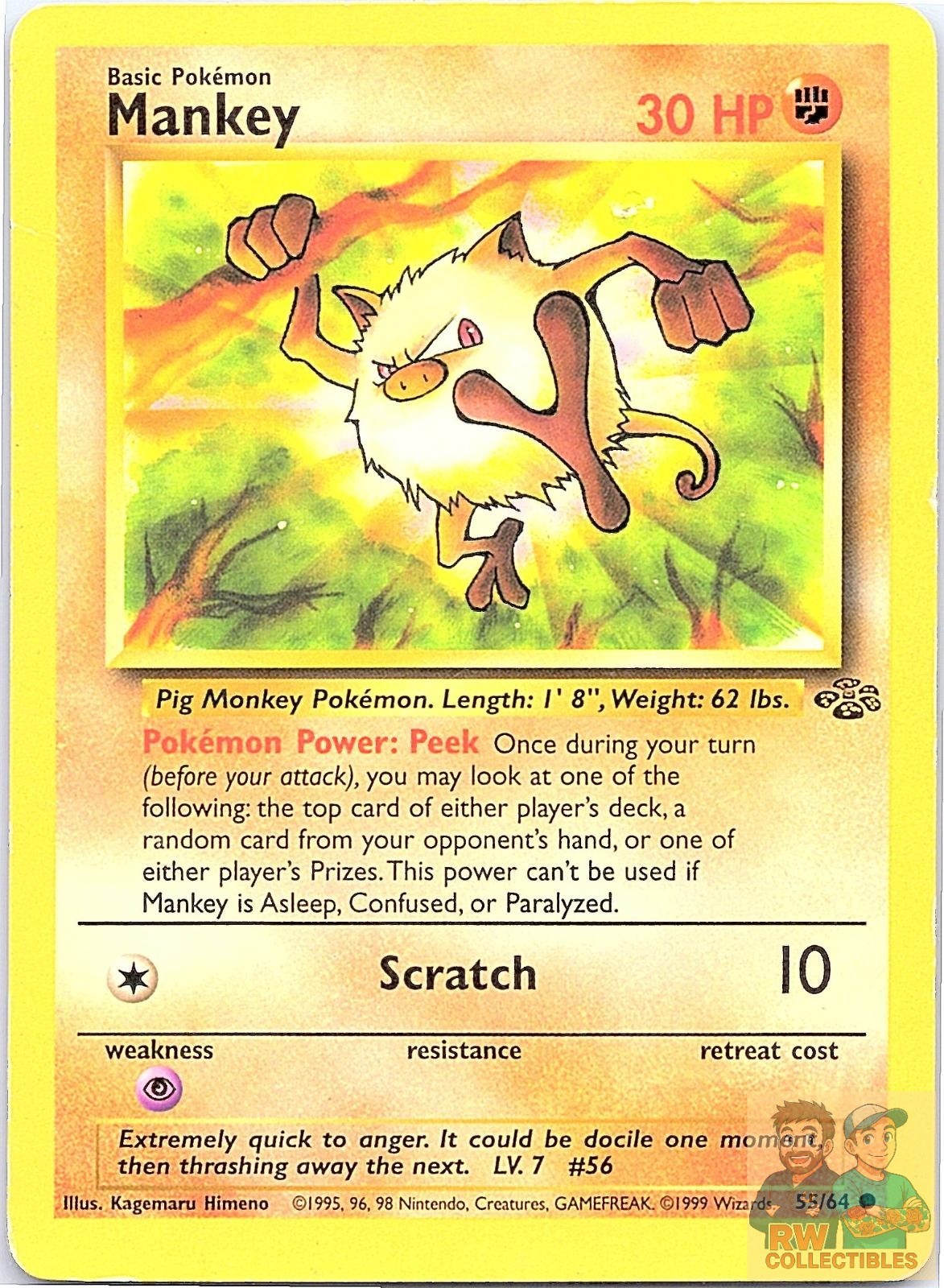 Mankey 55/64 Common Jungle Pokemon Unlimited Moderately Played