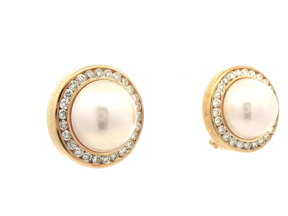 Серьги-пуговицы из желтого золота 18 карат с высококачественным жемчугом мабе 14 мм и бриллиантами 1,56 карата - Изображение 4 из 4