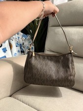 Michael Kors Brown Beige Logo Shoulder Bag Adjustable Strap Gold Hardware