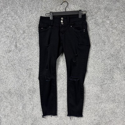 YMI WannaBettaButt Skinny Jeans Juniors 3 26x22 Black Denim Distressed Crop Punk