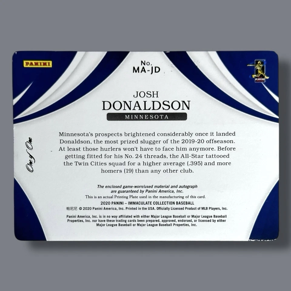 Placa de impresión Immaculate Collection Josh Donaldson 2020 1/1 #MA-JD Foto 3 de 3