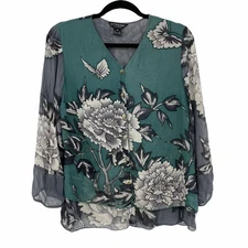 Citron Blouse Womens Size Medium Green Silk Floral V-Neck Button Santa Monica