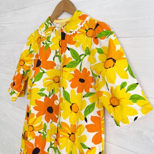 Vintage Orange Mod Floral short sleeve A-line button front house coat, M - Picture 4 of 9