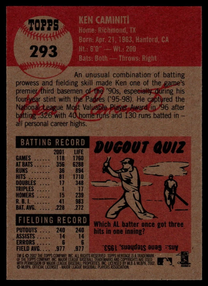 2002 Topps Heritage #293 Ken Caminiti Atlanta Braves - Image 2 of 2