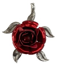 Red Rose With Silver Tone Leaves Pendant For Necklace