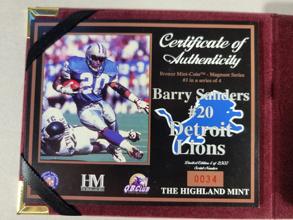 罕见 BARRY SANDERS Highland Mint Magnum 青铜完好硬币,2500 年 #34,真品证明,全新 — 第 4/4 张图片