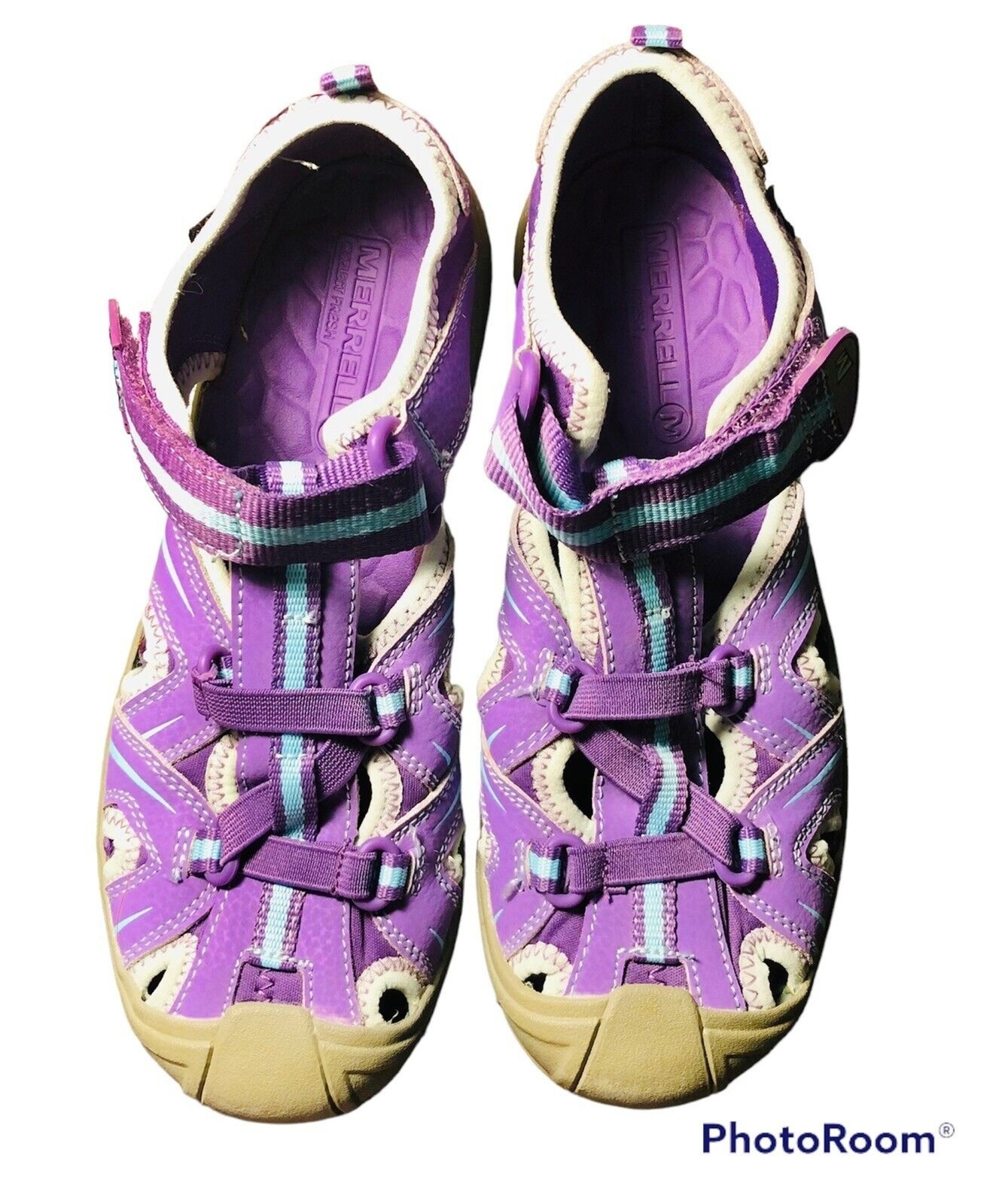 Merrell A select Hidro sandali freschi giovani taglia 4M viola blu grigio verde acqua armadio