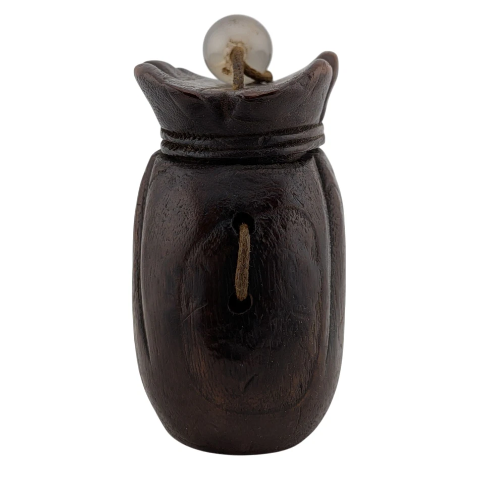 Antique Japanese Sagemono Set Lucky Bag Wooden Tonkotsu Stone Ojime Wood Netsuke - Image 4 of 4