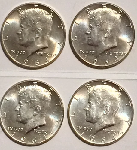 Lot of 4 Beautiful Uncirculated 1964-P John F Kennedy Silver Half Dollars