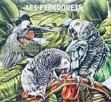 CENTRAL AFRICA PARROTS STAMPS SS 2015 MNH GREY PARROT MACAW BIRD WILDLIFE FOREST