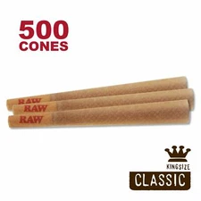 RAW 500 Classic King Size Cones, 109mm Pre Rolled Natural Cones, W Gallery Box