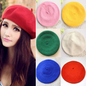Womens Classic Embroidered Solid Color French Artist Wool Beret Hat Beanie Cap 