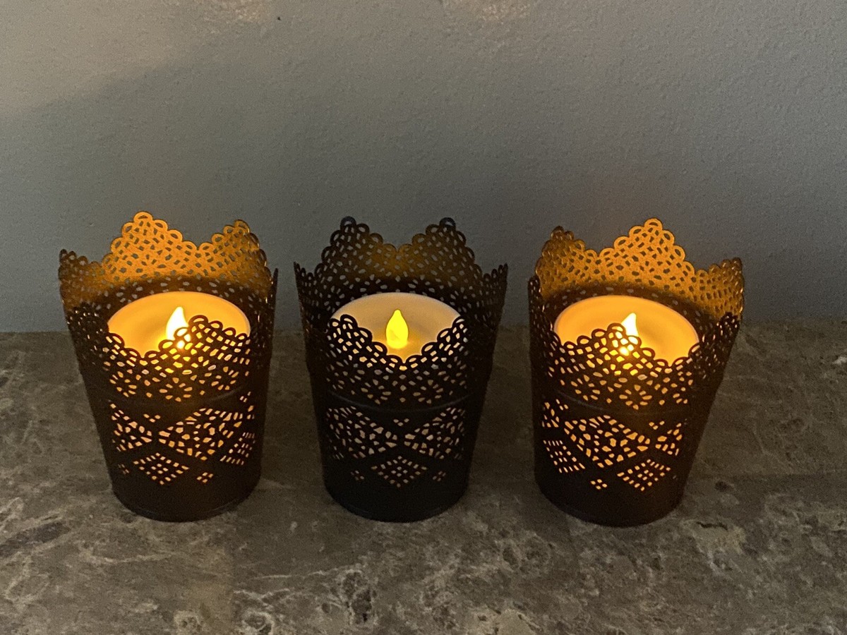 IKEA Lot Metal Gray Lace Candle Holder Set Of 3. includes. LED
