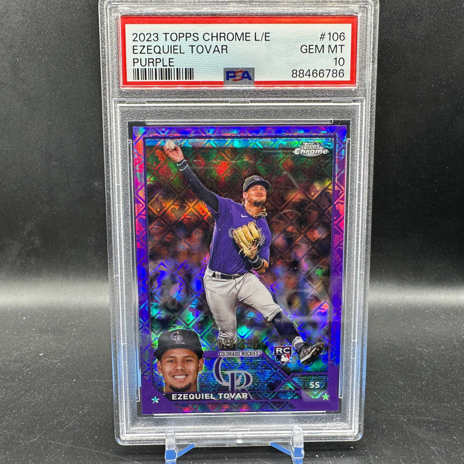 Ezequiel Tovar Rookie Purple Logofractor /250 2023 Topps Chrome Baseball PSA 10