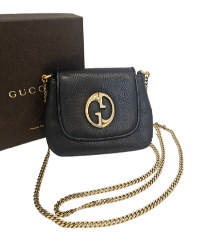 GUCCI Black Pebbled Leather '1973' Gold Chain Shoulder Strap Small