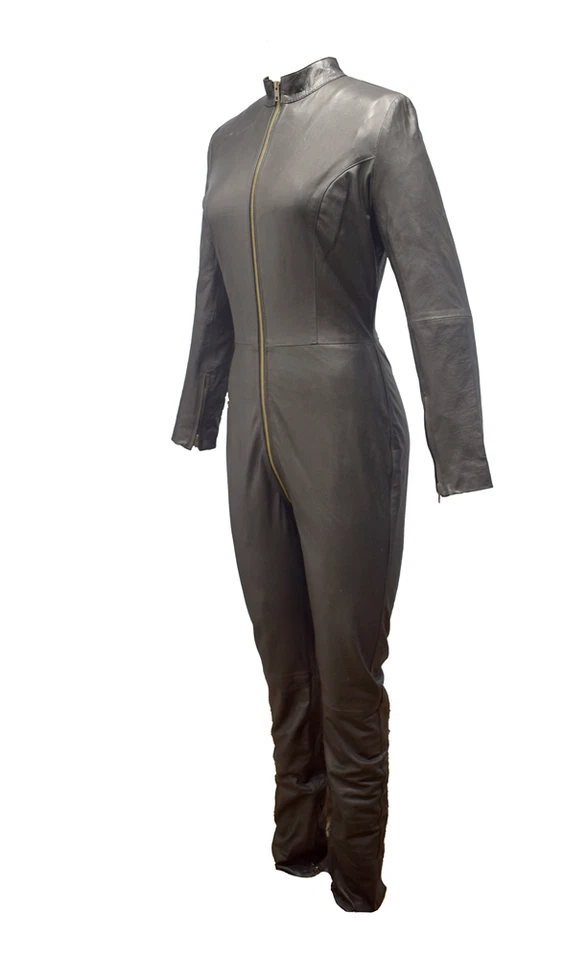 Genuine Sheepskin Leather Catsuit - Women's Soft Black Overall Bodysuit Jumpsuit - Image 3 of 4
