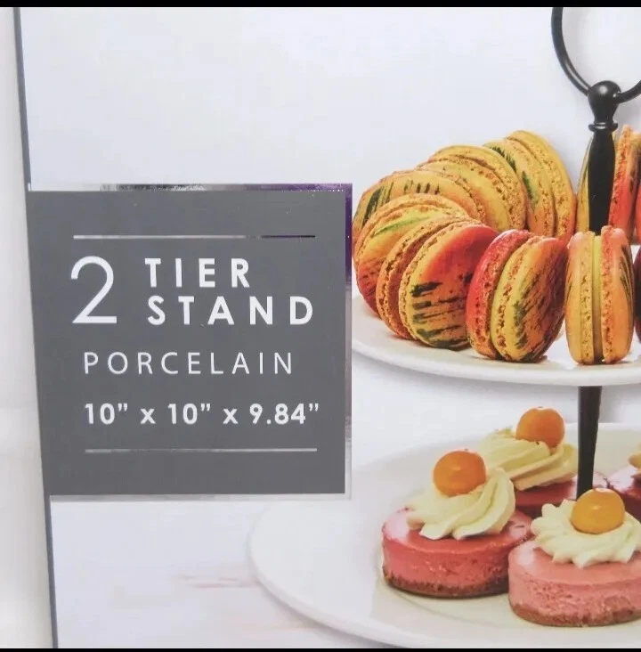 Tahari 2 Tier Porcelain Stand 10" for Dessert or Fruit on Kitchen Counter White - Image 2 of 4