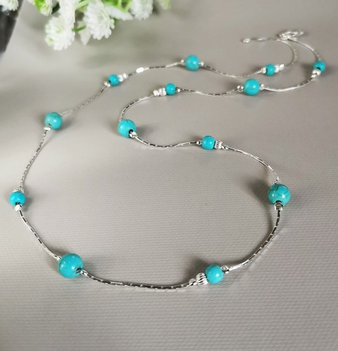 925 Sterling Silver Necklace blue TURQUOISE Birthstone long chain 19" - Picture 4 of 9