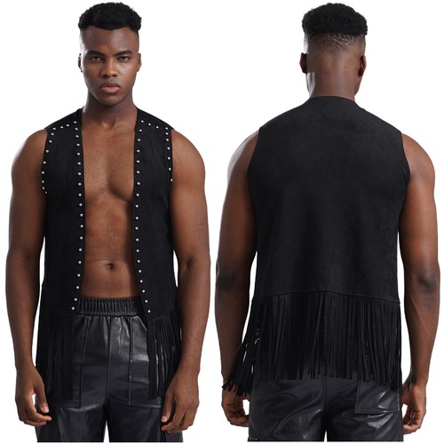 Men Vest Tassel Jacket Open Front Coat Pirate Waistcoat Renaissance Tops Disco - Picture 7 of 26