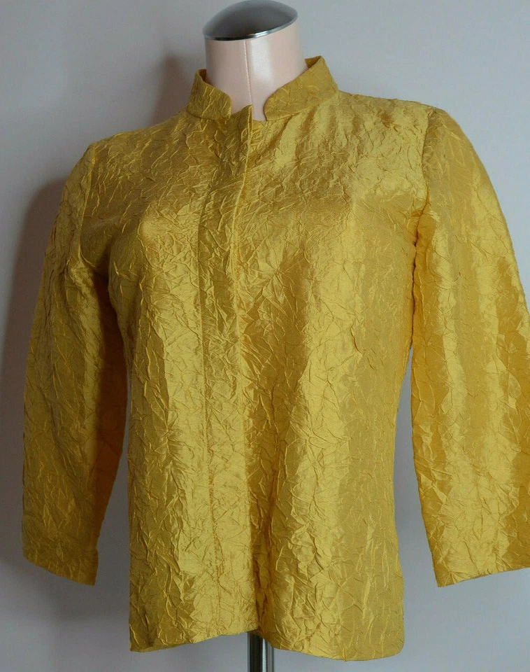 Blazer Eileen Fisher Petite Talla PP Seda Arrugada Texturizada Abotonada Túnica Amarillo Foto 3 de 4