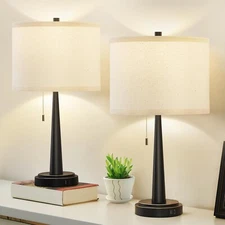 Table Lamp Set of 2 with USB-C+A Pull Chain Switch Matte Black LED Bulbs Include