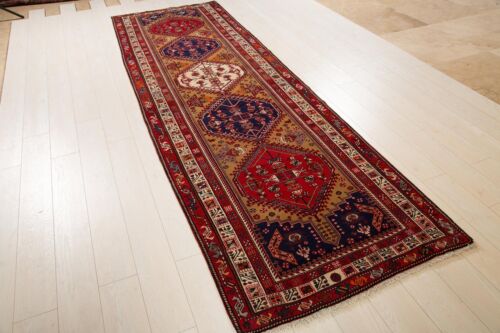 11' 1" x 3' 5" Hand-Knotted Vintage Oriental Wool Carpet Red Brown Tribal Runner - Picture 1 of 11