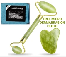 Genuine Jade Beauty Roller & Gua Sha Stone Set + FREE MicroDermabrasion Cloth