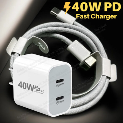 For iPhone 15 16 iPad 15 Pro PD Fast Charger Cord 40W USB-C Power Adapter Block