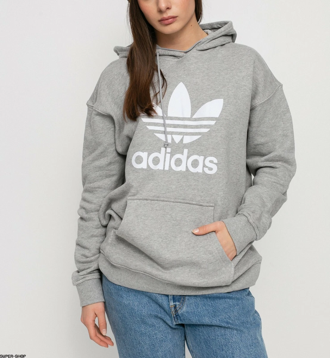 Adidas Originals Women\'s Adicolor Trefoil Pullover Hoodie Grey Heather  H33589 f | eBay