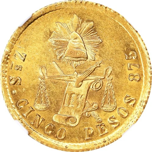 Mexico: Gold 5 Pesos 1877-Zs S, Zacatecas, NGC MS-62! Rare Lustrous Overassayer!