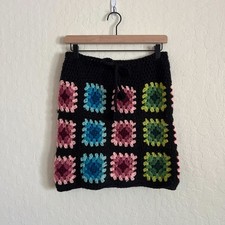 Handmade Granny Square Crochet Pull On Mini Skirt Medium Black Colorful Coverup