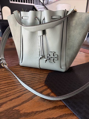 Tory Burch Dragonfly Leather Crossbody Bag Drawstring Suede McGraw Arctic Blue