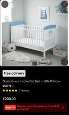 Obaby Grace Inspire Cot Bed Little Prince White/Blue Convertible Wood 951/7611