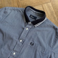 Fred Perry Short Sleeve Flat Knit Collar Gingham Shirt Blue White Size Large Mod