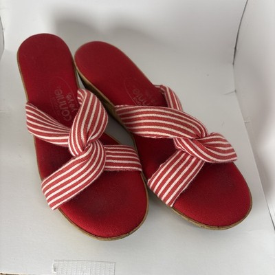 Vintage Wedge Sandals Shoes Red White Striped Nautical Connie Yo Yo, Size 7 7.5