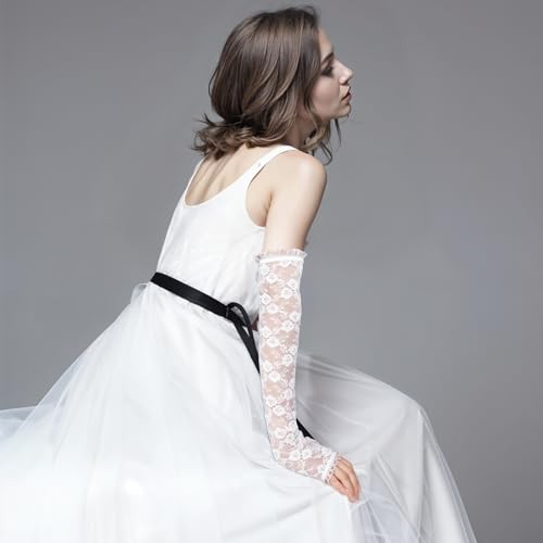 Lusofie Long Lace Gloves Formal Fingerless Women Bridal Lace Floral White