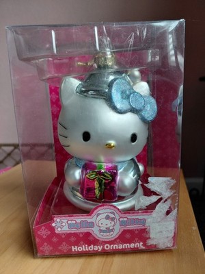 Sanrio Hello Kitty Glass Christmas Ornament Silver Blue Glitter W/ Present NEW
